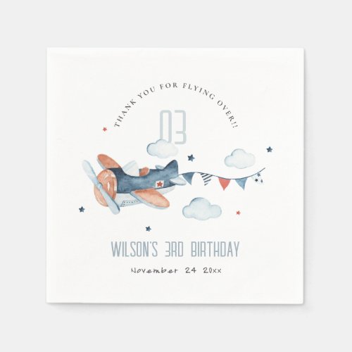 Cute Rust Navy Plane Cloud Stars Sky Birthday Napkins