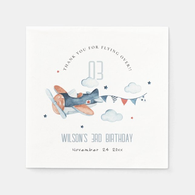 Cute Rust Navy Plane Cloud Stars Sky Birthday Napkins (Front)