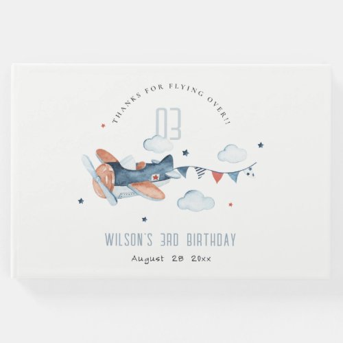 Cute Rust Navy Plane Garland Clouds Stars Birthday Guest Book