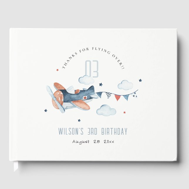 Cute Rust Navy Plane Garland Clouds Stars Birthday Guest Book (Front)
