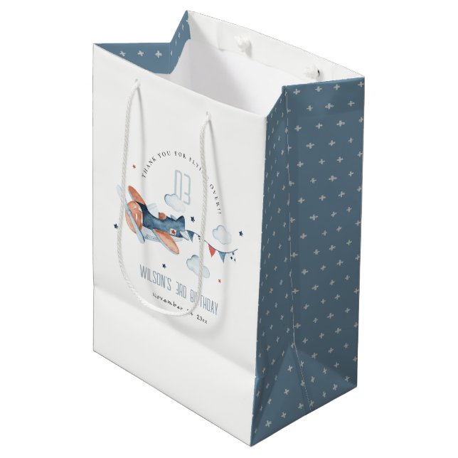Cute Rust Navy Plane Garland Star Cloud Birthday Medium Gift Bag (Front Angled)