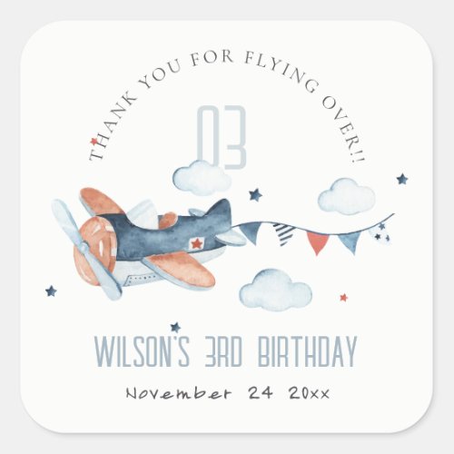 Cute Rust Navy Plane Garland Stars Cloud Birthday  Square Sticker