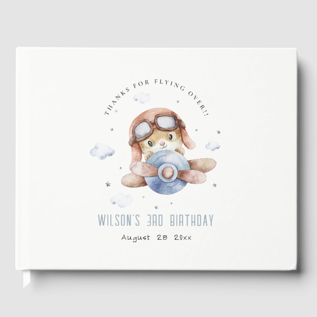 Cute Rust Navy Plane Garland Teddy Stars Birthday Guest Book (Front)