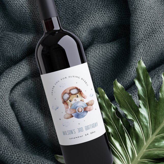 Cute Rust Navy Plane Stars Sky Teddy Kids Birthday Wine Label (Creator Uploaded)