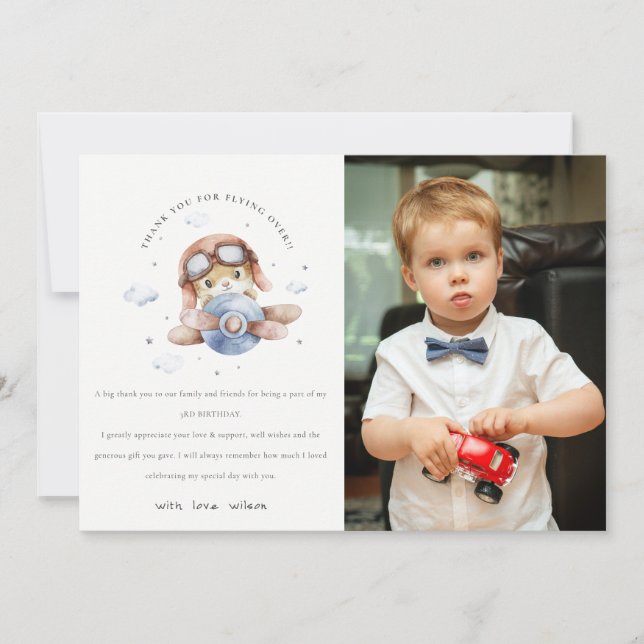 Cute Rust Navy Plane Teddy Kids Photo Birthday Thank You Card (Front)