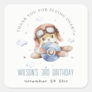 Cute Rust Navy Plane Teddy Stars Cloud Birthday Square Sticker