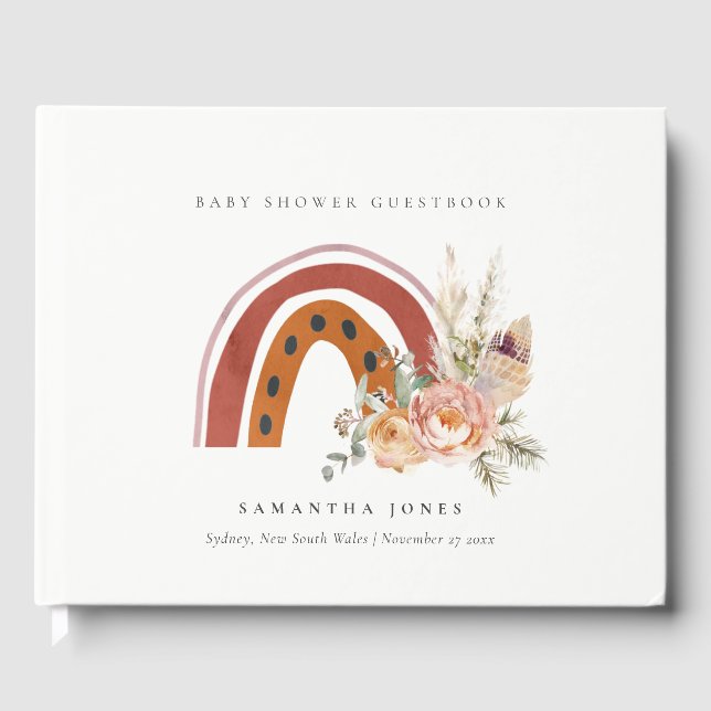 Cute Rust Orange Boho Floral Rainbow Baby Shower Guest Book (Front)