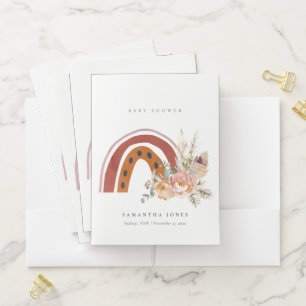 Cute Rust Orange Boho Floral Rainbow Baby Shower Pocket Folder