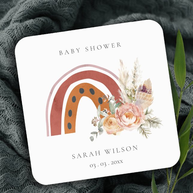 Cute Rust Orange Boho Floral Rainbow Baby Shower Square Paper Coaster (Creator Uploaded)