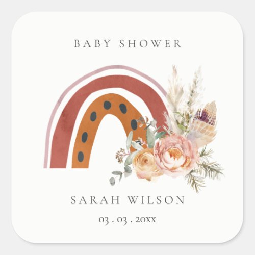 Cute Rust Orange Boho Floral Rainbow Baby Shower Square Sticker