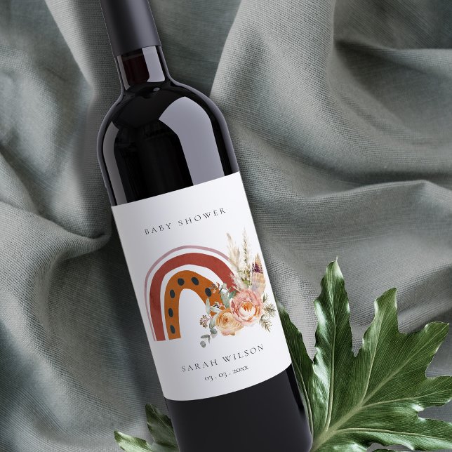 Cute Rust Orange Boho Floral Rainbow Baby Shower Wine Label (Creator Uploaded)