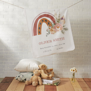 Cute Rust Orange Boho Floral Rainbow Baby Stats Blanket
