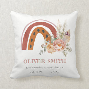 Cute Rust Orange Boho Floral Rainbow Baby Stats Throw Pillow