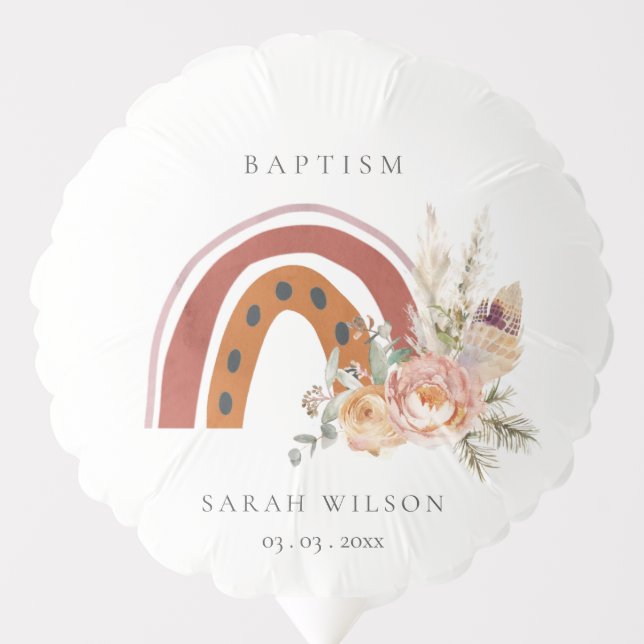 Cute Rust Orange Boho Floral Rainbow Cross Baptism Balloon (Front)