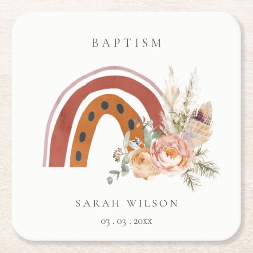 Cute Rust Orange Boho Floral Rainbow Cross Baptism Square Paper Coaster