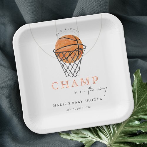 Cute Rust Our Little Champ Basketball Baby Shower Paper Plates