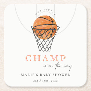 Cute Rust Our Little Champ Basketball Baby Shower Square Paper Coaster