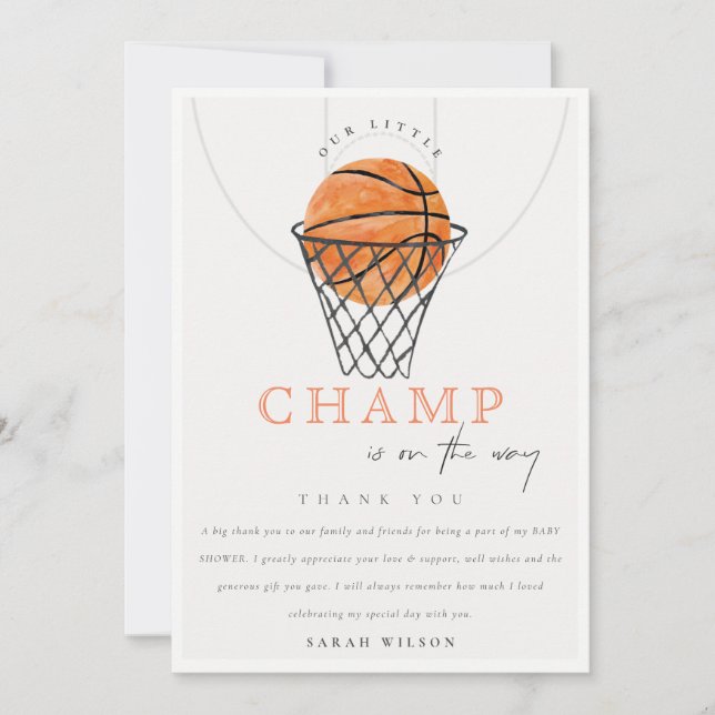 Cute Rust Our Little Champ Basketball Baby Shower Thank You Card (Front)