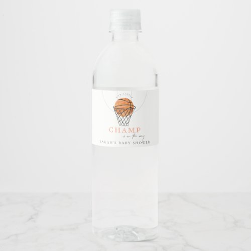Cute Rust Our Little Champ Basketball Baby Shower Water Bottle Label