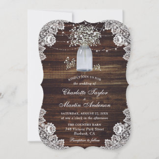 Cute Rustic Baby's Breath Wood Mason Jar Wedding Invitation
