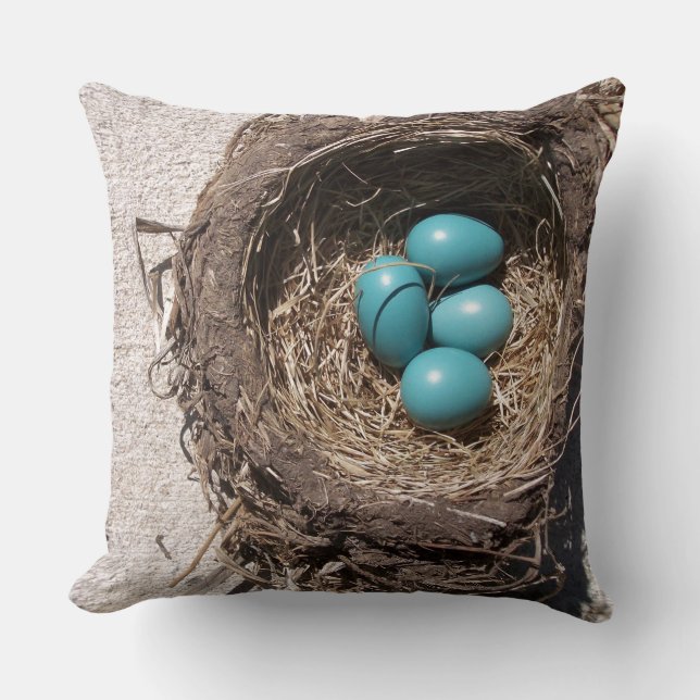 Cute Rustic Bird's Nest Blue Robin Eggs Throw Pillow (Front)