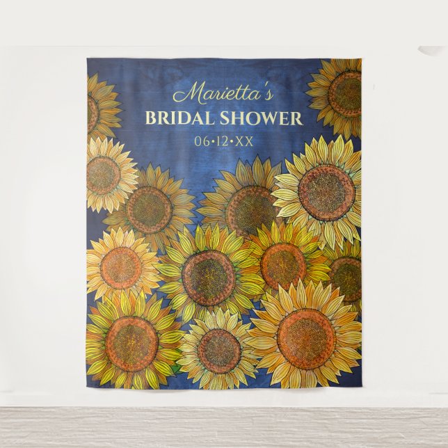 Cute Rustic Boho Sunflower Navy Blue Bridal Shower Tapestry (Front)