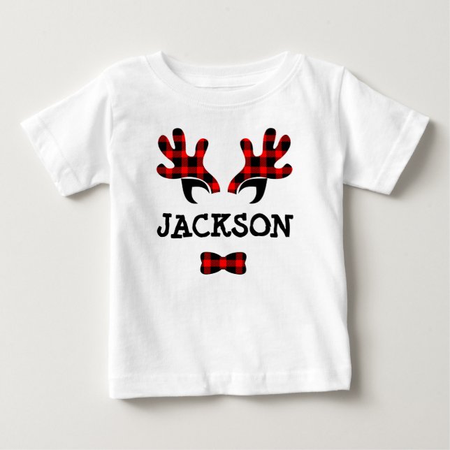 Cute Rustic Buffalo Plaid Reindeer Antlers Name Baby T-Shirt (Front)