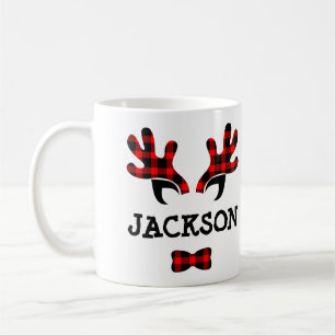 Cute Rustic Buffalo Plaid Reindeer Antlers Name Coffee Mug
