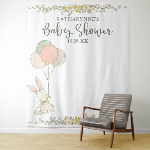 Cute Rustic Bunny Floral Baby Shower Backdrop