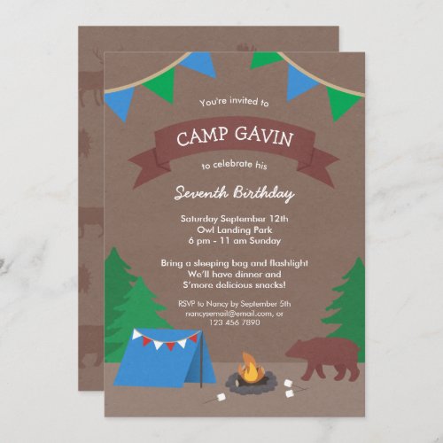 Cute Rustic Camping Birthday Party Invitations