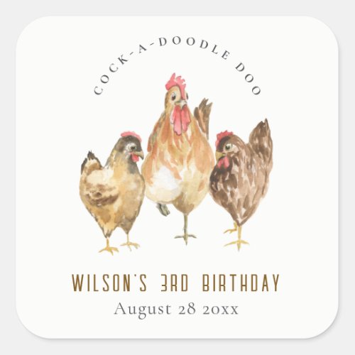 Cute Rustic Chicken Farm Watercolor Kids Birthday Square Sticker