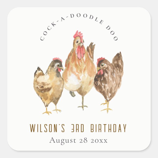 Cute Rustic Chicken Farm Watercolor Kids Birthday Square Sticker (Front)