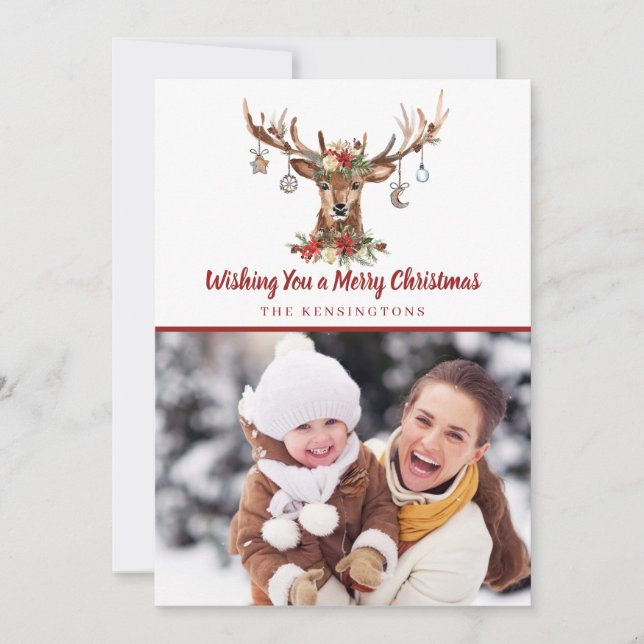 Cute Rustic Christmas Deer Ornaments Holiday Photo Card (Front)