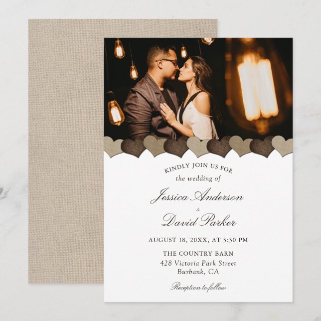 Cute Rustic Country Burlap Hearts Photo Wedding Invitation (Front/Back)