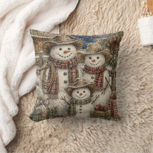 Cute Rustic Cowboy Snowman Family Christmas Throw Pillow