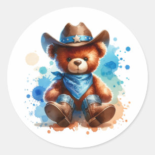 Cute Rustic Cowboy Teddy Bear Boy's Baby Shower Classic Round Sticker
