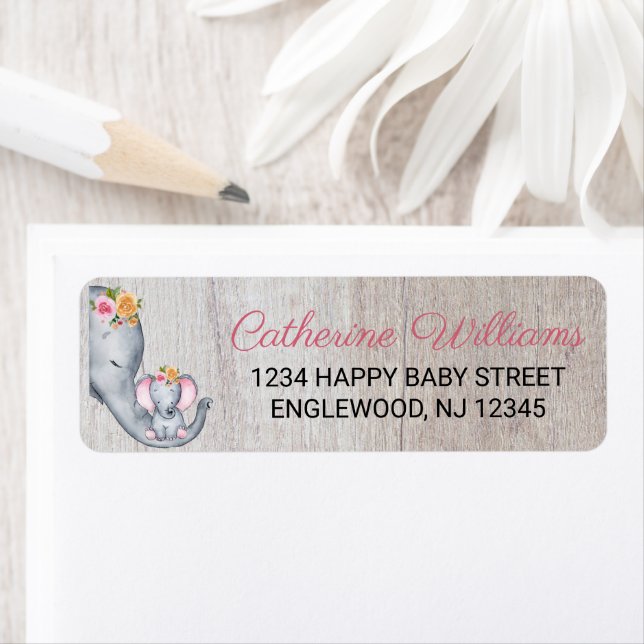 Cute Rustic Elephant Floral Baby Shower Label (Insitu)