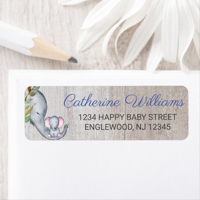Cute Rustic Elephant Floral Boy Baby Shower Label (Insitu)