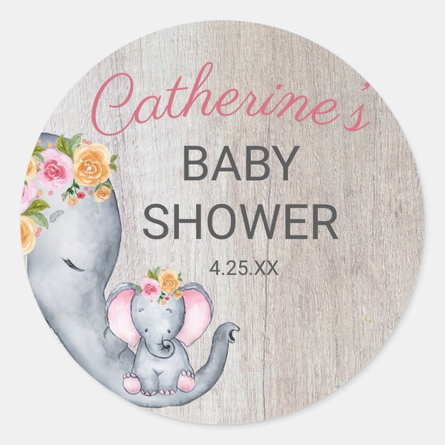 Cute Rustic Elephant Girl Baby Shower Classic Round Sticker (Front)