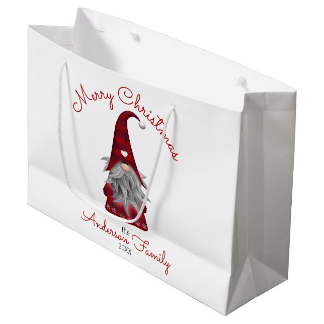 Cute Rustic Family Name Merry Christmas Gnome Large Gift Bag (Front Angled)