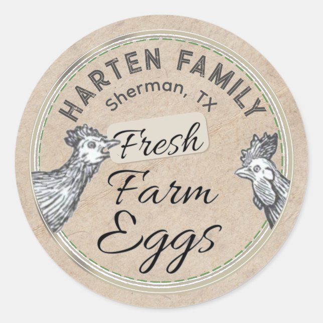Cute Rustic Farmhouse Hen Rooster FRESH Egg Carton Classic Round Sticker (Front)