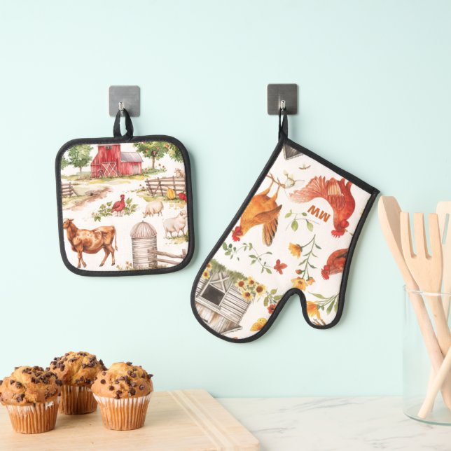 Cute Rustic Farmhouse Oven Mitt & Pot Holder Set (Insitu(Hanging))
