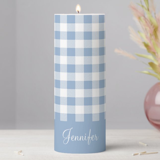 Cute Rustic Farmhouse Powder Blue Custom Name Pillar Candle (In Situ)