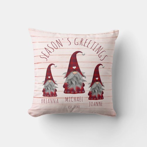 Cute Rustic Faux Wood Christmas Family Gnomes Thro Throw Pillow