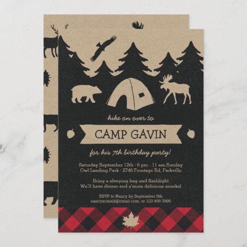 Cute Rustic Flannel Camping Birthday Party Invite