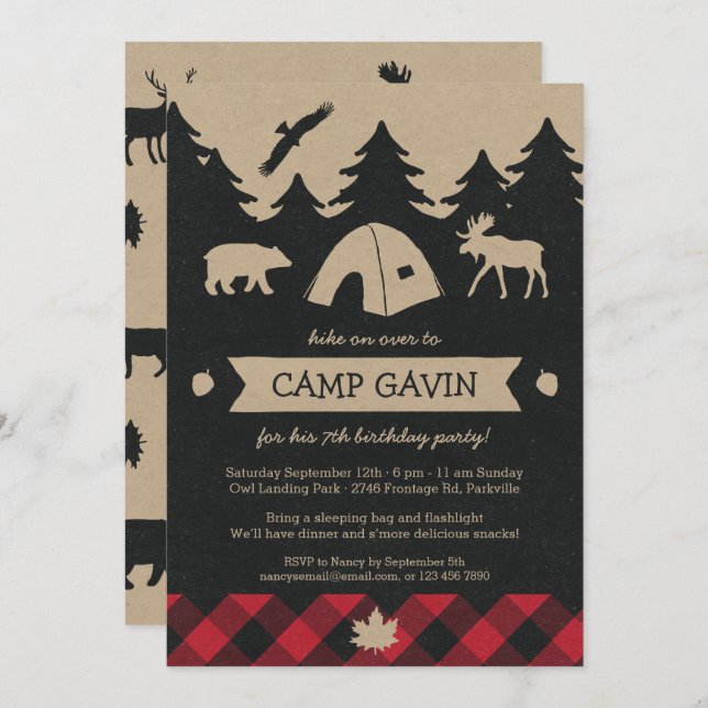 Cute Rustic Flannel Camping Birthday Party Invite (Front/Back)