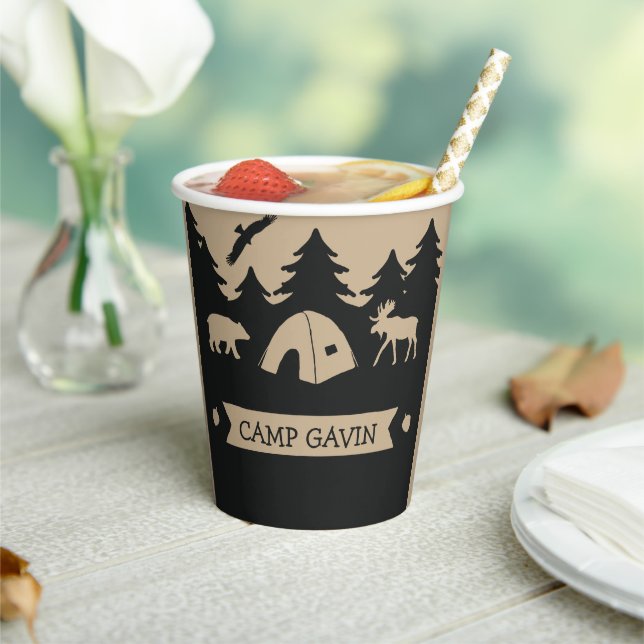 Cute Rustic Flannel Camping Birthday Party Paper Cups (Insitu)