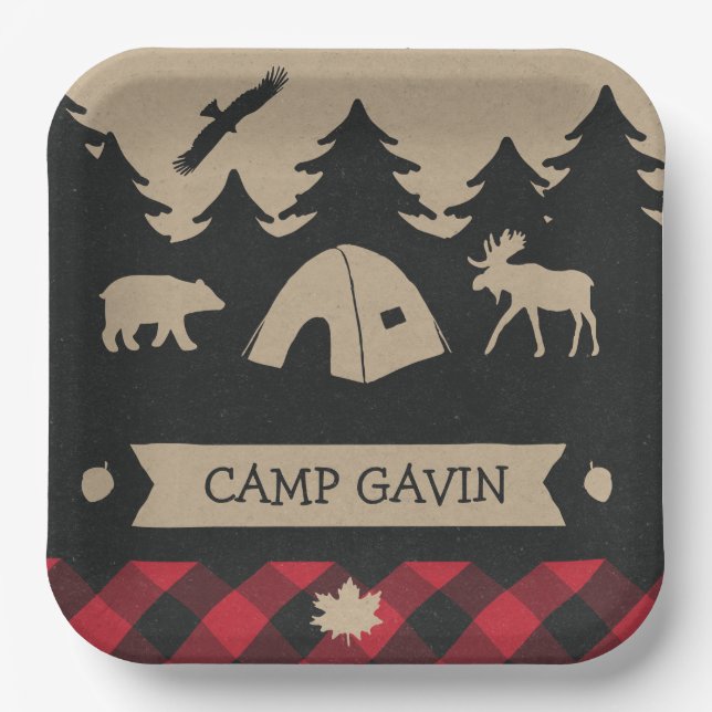 Cute Rustic Flannel Camping Birthday Party  Paper Plates (Front)