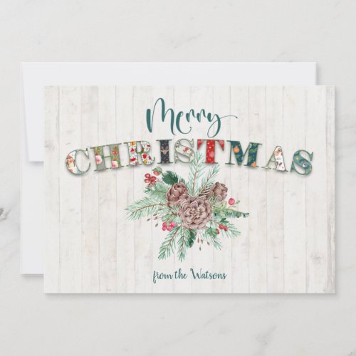 Cute Rustic Floral Merry Christmas Typography Holiday Card