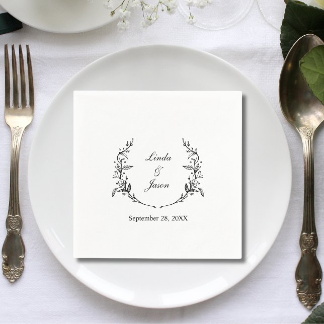 Cute Rustic Floral Wreath Black and White Wedding Napkins (Creator Uploaded)
